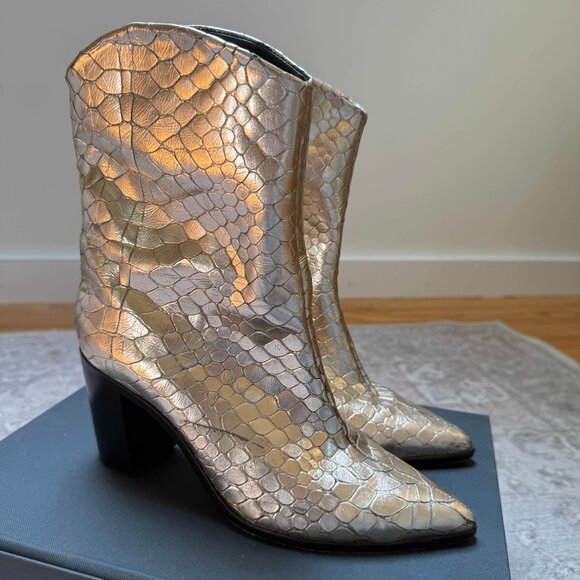 SCHUTZ Shoes - Schutz Soft Gold Western-Style Mid-Calf Boots – Croc-Embossed Leather